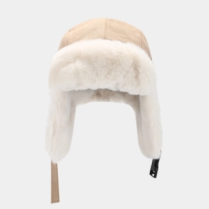 Bonnet aviateur en daim kaki avec doublure en fourrure pelucheuse blanche pour l'hiver