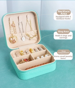 Detail view of mint green jewelry box interior with necklace hooks and ring compartments