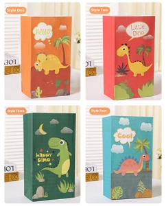 Detailed set of four dinosaur paper gift bags in orange, red, dark green and sky blue