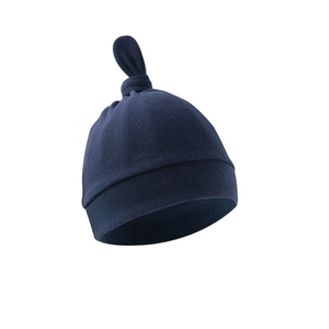 Detail of soft dark blue newborn baby knot hat made of high-quality cotton fabric