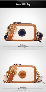 Dual color display of retro crossbody bags in navy blue and brown with wide straps