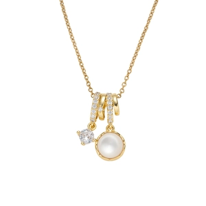Gold Aurora necklace with triple ring diamond pendant and elegant pearl drop
