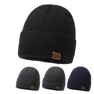 Winter Beanie Hat For Men Fleece Lined Warm Knitted Acrylic Ribbed Skull Cap With Classic Sport Leather Patch