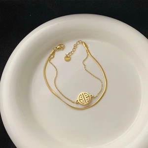 Double Layer Bracelet For Women Stainless Steel Hollow Round Geometric Pendant Retro Chinese Style Snake Link Chain