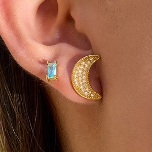 18K gold plated stainless steel sun and moon earrings with white diamonds and blue stone
