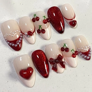 Handmade Press On Nails Cat Eye Red Sweet Heart 3D Bow Artificial Pearl Cherry Design French False Nails For Women Daily Wear
