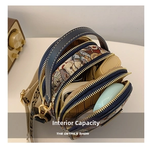 Close-up of three-layer crossbody bag with ethnic jacquard fabric and large capacity