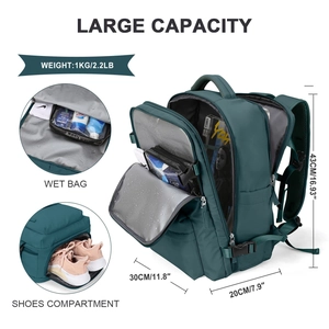 Green travel backpack with shoe compartment, wet bag, and dimensions information