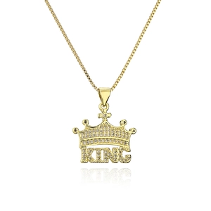Gold plated hip hop crown pendant necklace with KING lettering and zircon stones