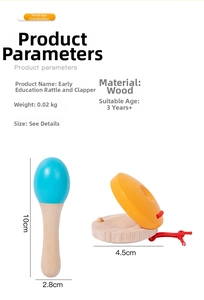 Detail view of wooden maraca and castanet with precise dimensions for early music education