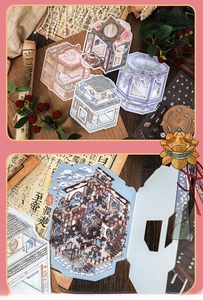 Macro shot of traditional Chinese architecture stickers with intricate paper details