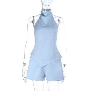 Detailed front view of light blue halter backless top and matching shorts set