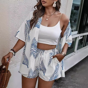 Women Tropical Palm Leaf Print Cardigan Tank And Shorts Summer Vacation Boho Casual Loose Plus Size Polyester