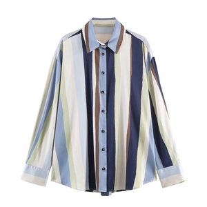 Vertical Striped Satin Blouse Shirt Long Sleeve Button Down Lapel Casual Elegant For Women