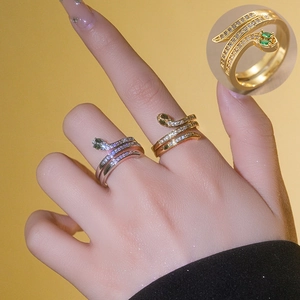 Vintage Emerald Green Snake Ring Niche Design Adjustable Open Copper Ring With Rhinestones For Women Jewelry Gift