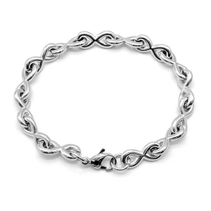 Polished stainless steel infinity symbol link bracelet with lobster clasp on white background