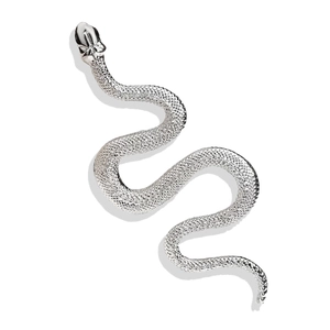 Silver snake brooch with textured scales shown in a minimalist front-view composition