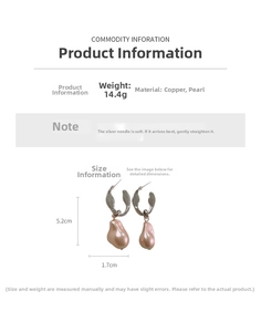 Detailed view of teardrop pearl earrings with liquid metal silver needles and dimensions