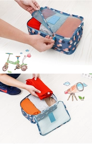 Detail of floral travel organizer bag with mesh top showing clothing storage capacity