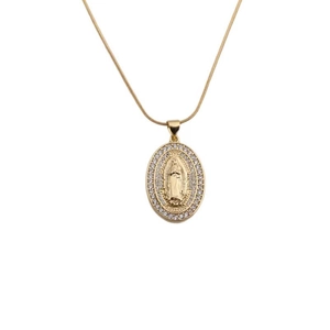 Golden necklace with oval religious pendant and sparkling zirconia stones in professional view