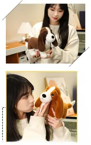 Soft plush dachshund puppy toy held by a model in a cozy, warm home setting