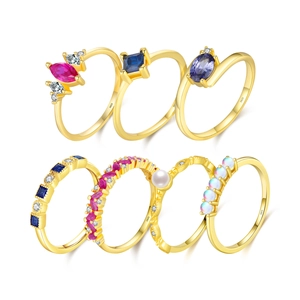 S925 sterling silver rings with 18k gold plating and various colorful gemstones