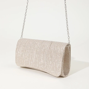 Detailed view of silver glitter pleated evening clutch bag with elegant metal chain strap