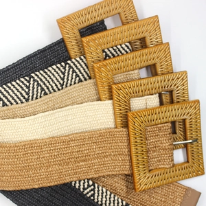 Women's woven elastic waist belt with vintage square buckle in multiple natural colors