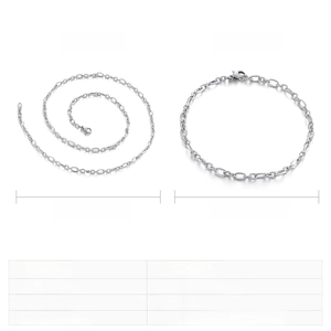 Detail view of 3mm stainless steel O-chain necklace and bracelet set with size specifications