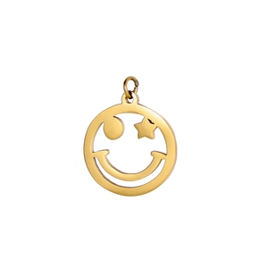 Detailed macro view of a polished gold hollow smiley face pendant with star-shaped eye