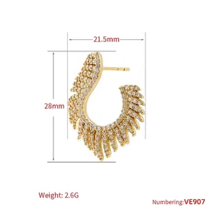 Bohemian gold plated feather stud earrings with cubic zirconia stones, dimensions 28mm x 21.5mm