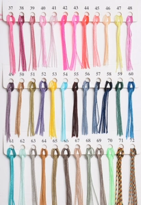 Detailed color chart of braided cord samples numbered 37 to 72 in various vibrant shades