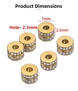 7mm gold-plated stainless steel rondelle spacer beads with crystals for DIY jewelry