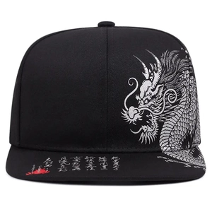 Black snapback baseball cap featuring silver dragon print and white calligraphy detail