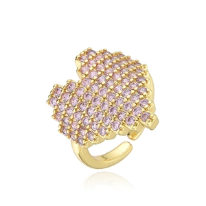 Adjustable gold plated open heart ring with sparkling pink cubic zirconia stones