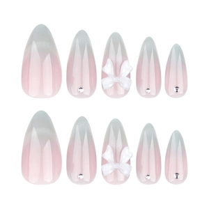 Short almond cat eye press-on nails with 3D white bows and crystals, 10-piece set