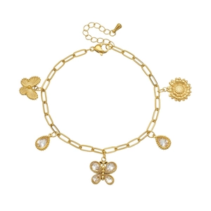Gold-plated stainless steel chain bracelet with sunflower, butterfly, and rhinestone charms
