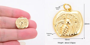 Detail view of gold bee embossed charm with precise 18mm diameter and 22mm height scale
