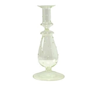 Transparent light green glass candle holder with elegant raised polka dot texture