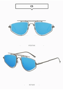 Macro detail of blue-lens metal frame sunglasses in C5 style with side and front views