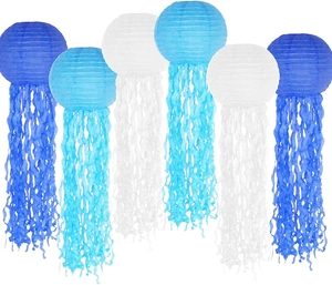 Set of 6 blue and white jellyfish paper lanterns with hanging tassels for ocean party decor