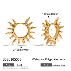 Detailed size and specs for 18K gold stainless steel sun earrings showing weight and dimensions