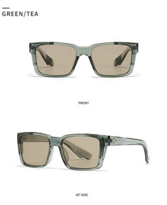 Front and side view of transparent green square sunglasses with tea-colored lenses