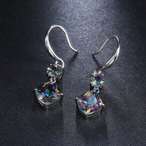 Sparkling mystic topaz earrings with teardrop zircon drop pendants in silver plating