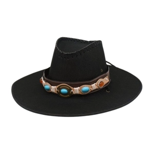 Chapeau De Cowboy Occidental Bord Large Polyester Avec Bande En Similicuir Pierres Turquoise Style Bohème