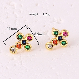 Gold plated cross stud earrings with colorful cubic zirconia stones and dimension marks