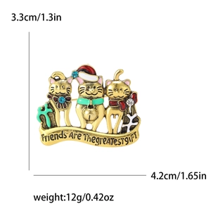 Christmas cat brooch with rhinestones and Friends Are The Greatest Gift banner, 4.2cm width