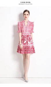 Detailed view of red porcelain print dress with V-neck and flared short sleeves
