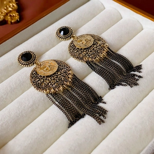 Bohemian Tassel Drop Earrings With Silver Earring Post Alloy Rhinestone Portrait Medallion Vintage Style Jewelry Women