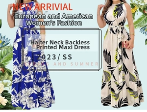 Détails de la robe dos nu à fleurs avec ourlet à volants et motifs tropicaux